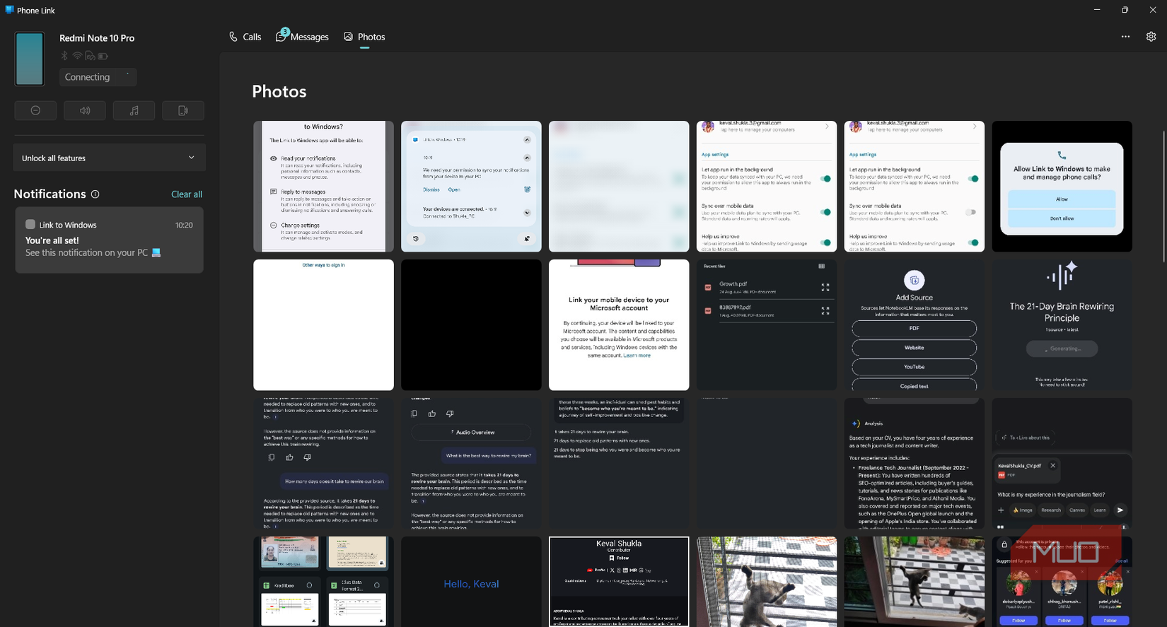 Images from Phone gallery on Phone Link app on Windows PC.