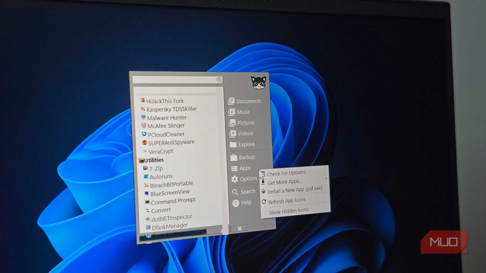 PortableApps menu open showing Apps context menu on Windows 11