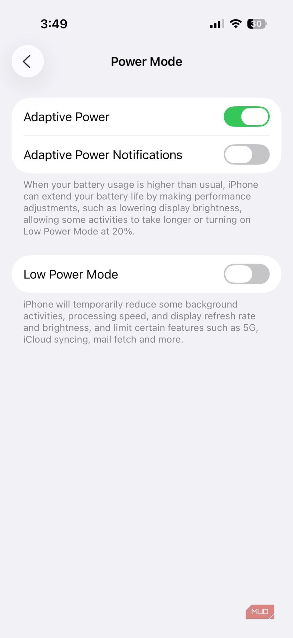 Power mode menu on iPhone
