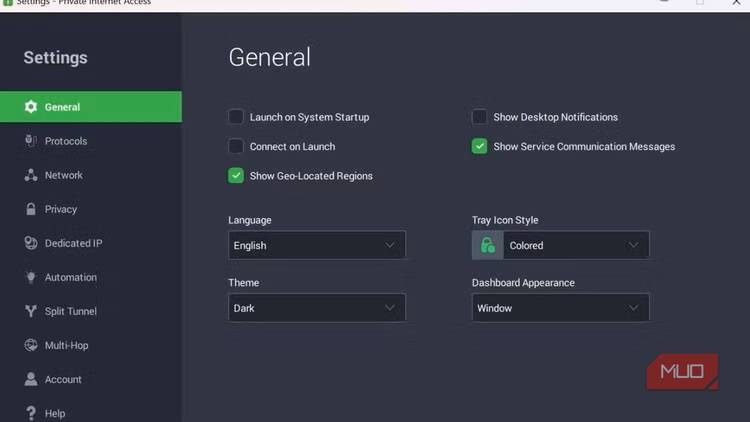 private internet access vpn general settings