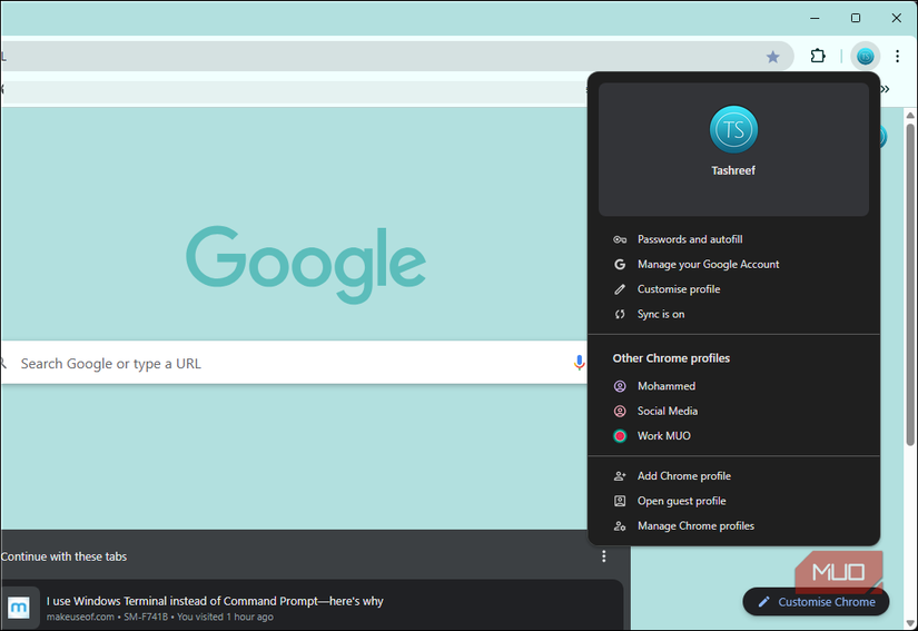 Profiles menu open in Google chrome browser on Windows 11