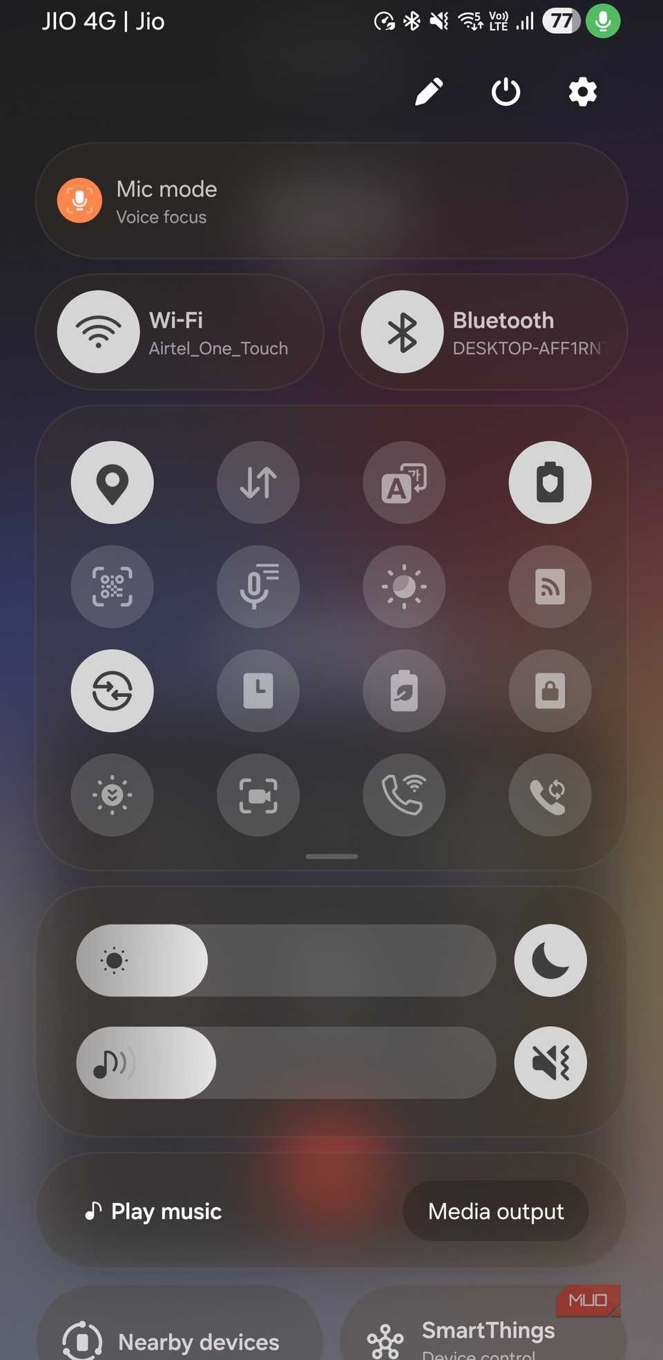 Quick panel showing Mic mode tile during a call