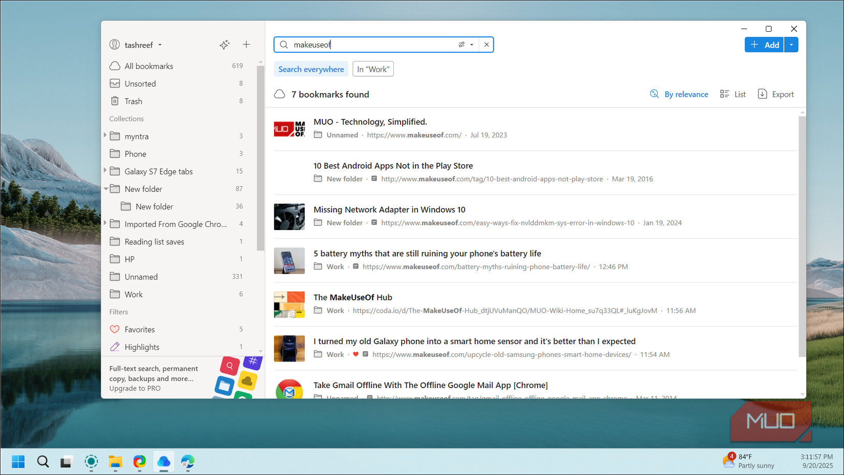 Raindrop-io search function showing makeuseof bookmarks