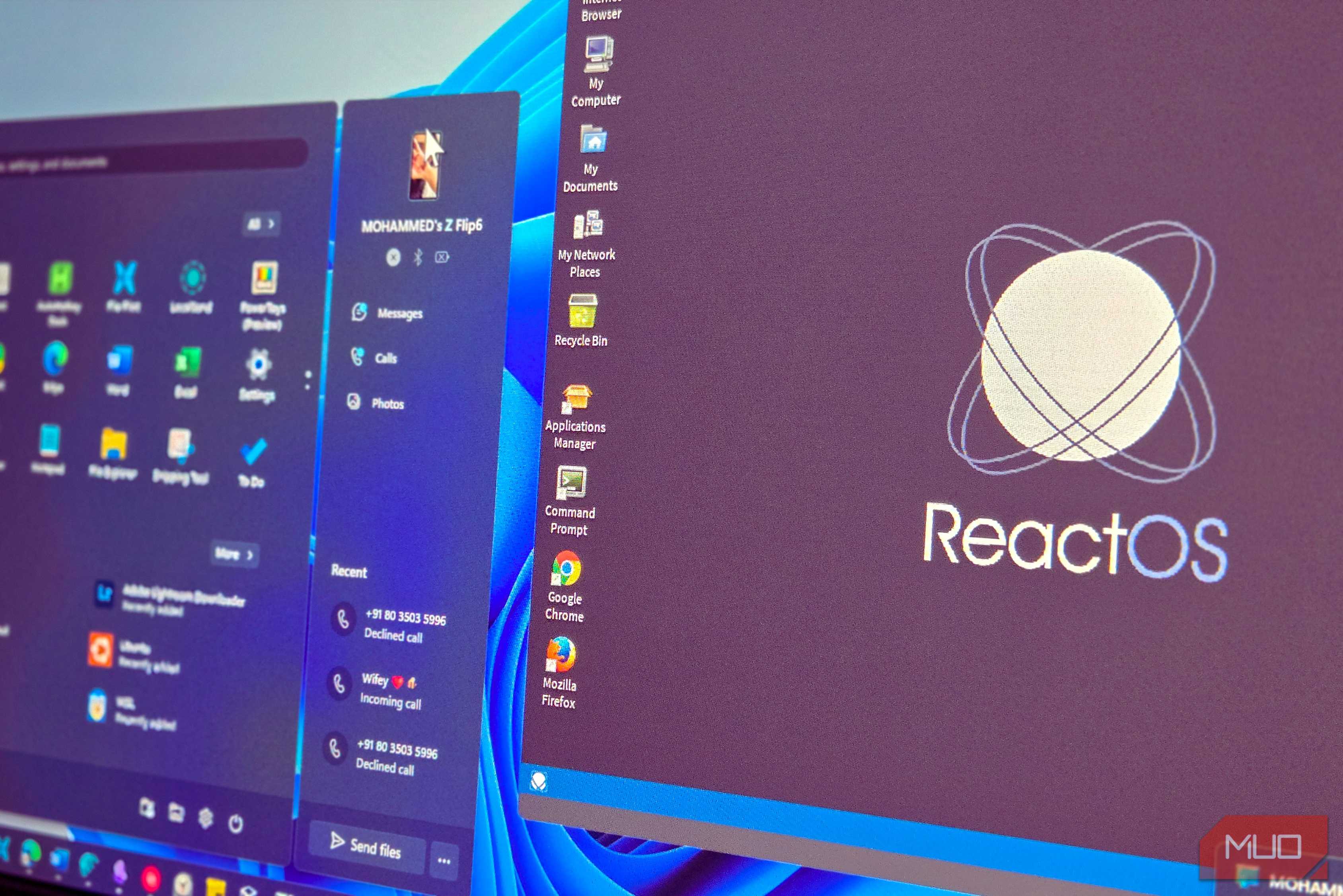 ReactOS and Windows 11 visble on the same display