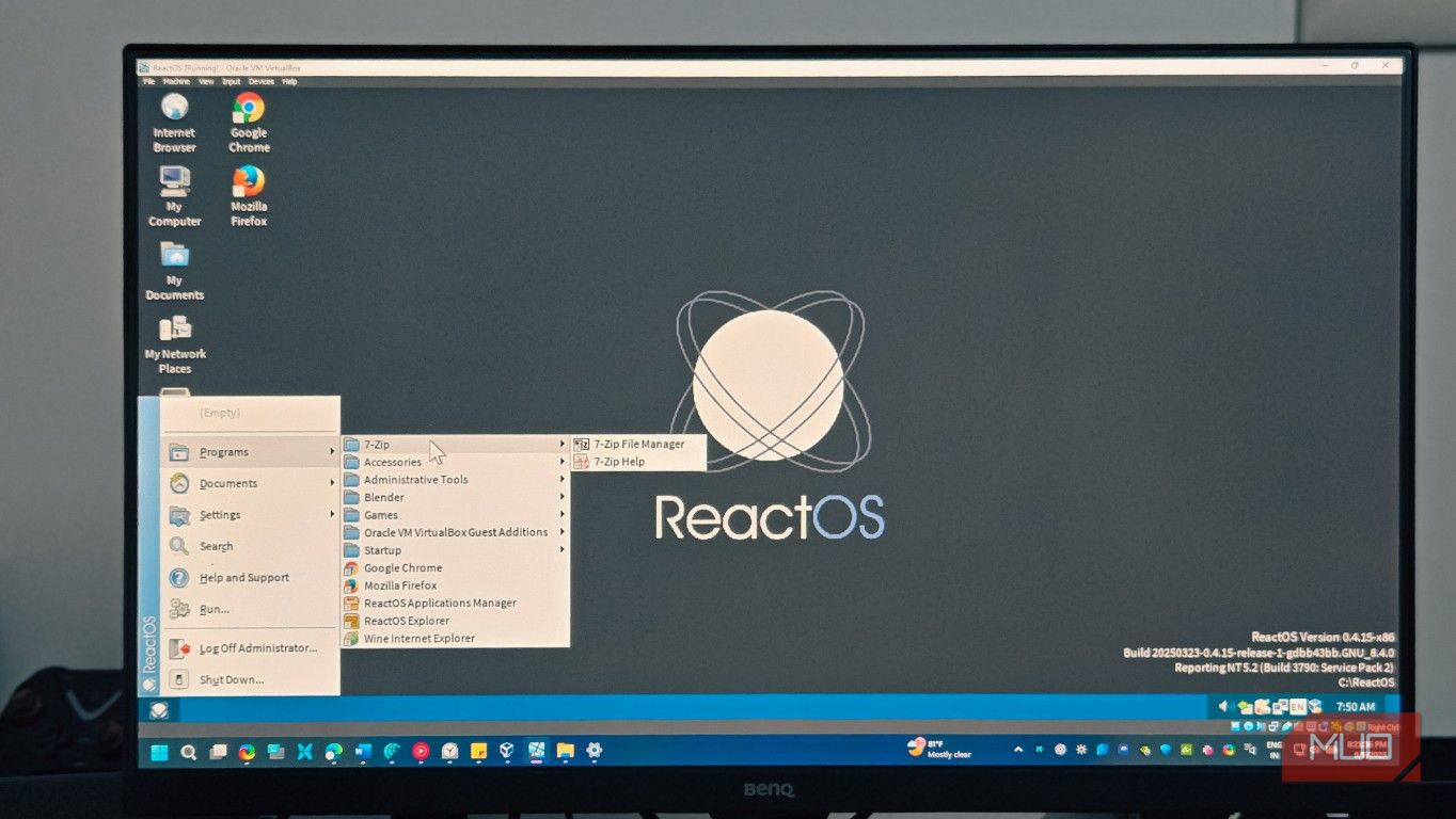 reactOS running in virtualbox open on a monitor 