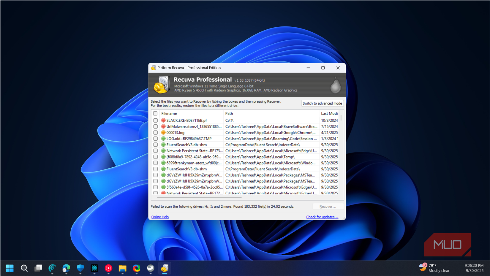 Recuva app running from PortableApps on Windows 11