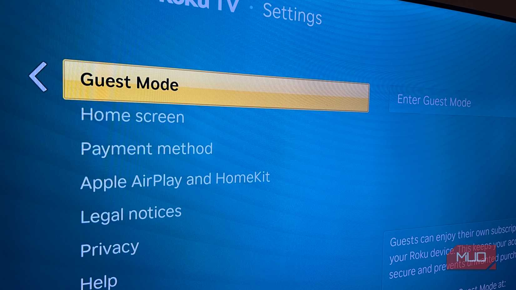 Roku guest mode on the settings page.