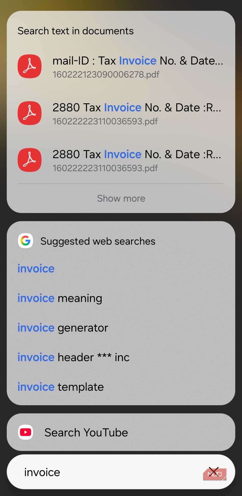 Samsung app drawer search showing results for a document