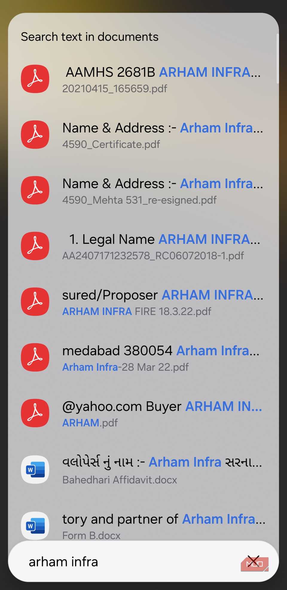 Samsung app drawer search showing results for document