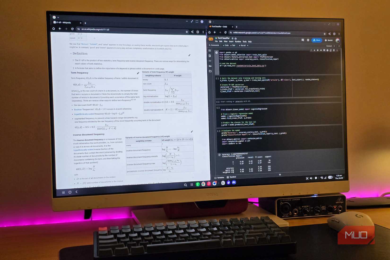 Samsung DeX running 2 Chrome windows with a keyboard and mouse on a table.