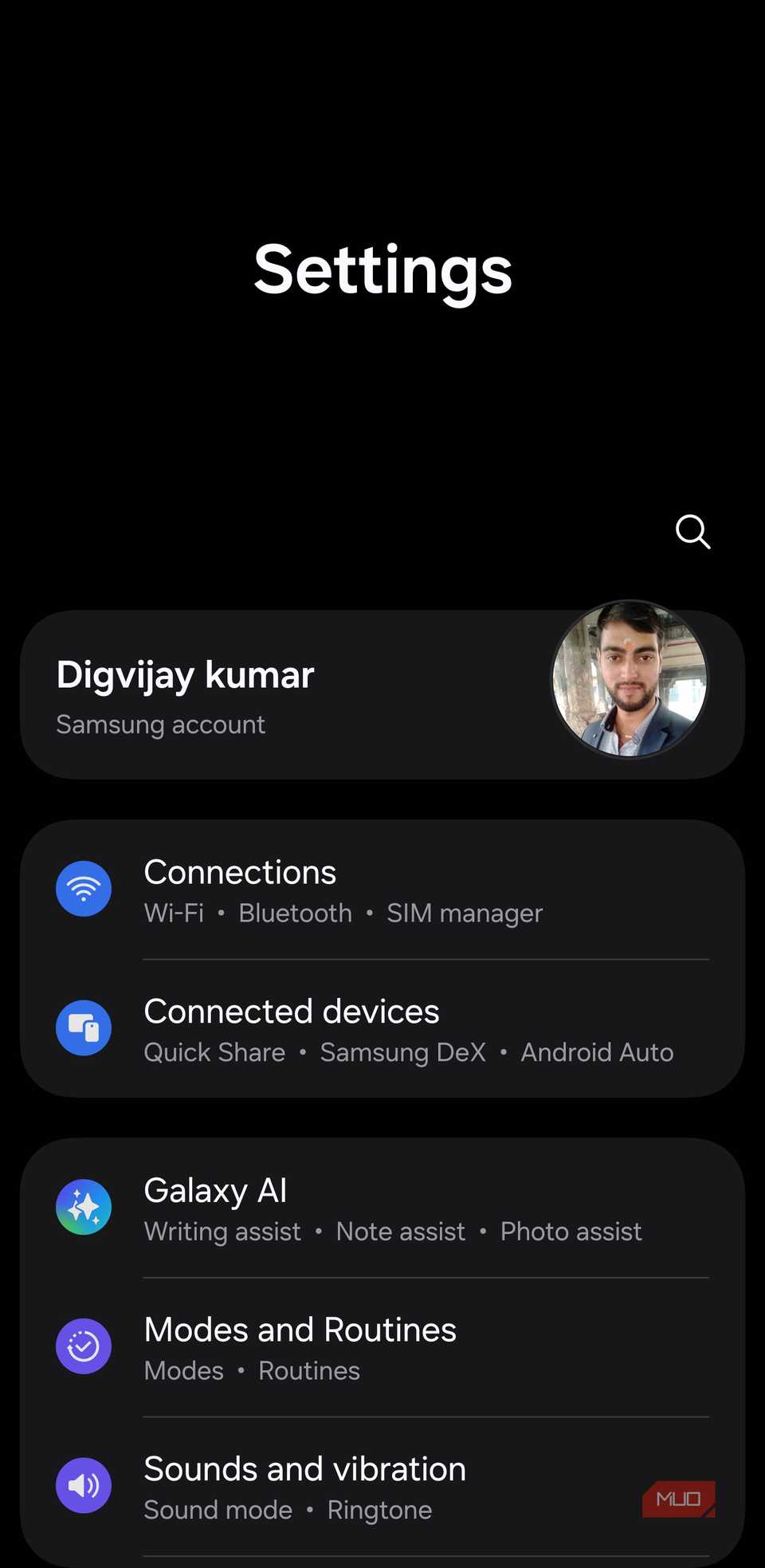Samsung Settings home with Connections and Modes and Routines
