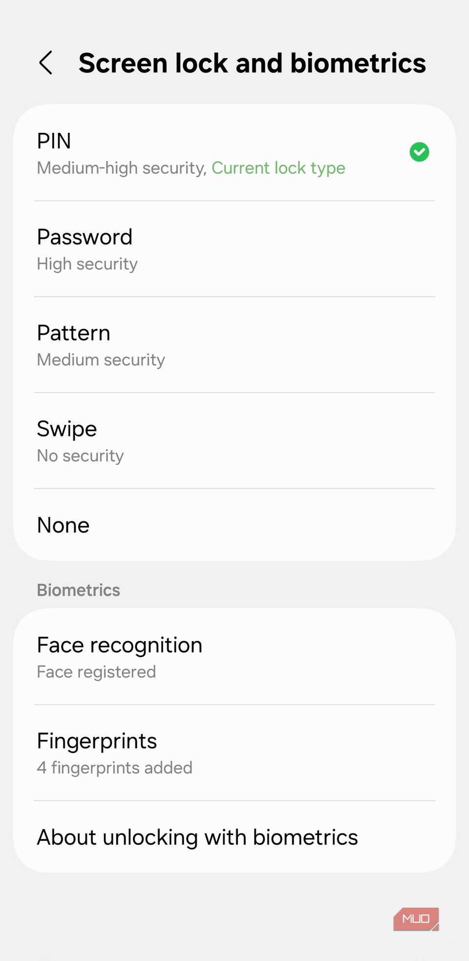 Screen lock settings on Android phone