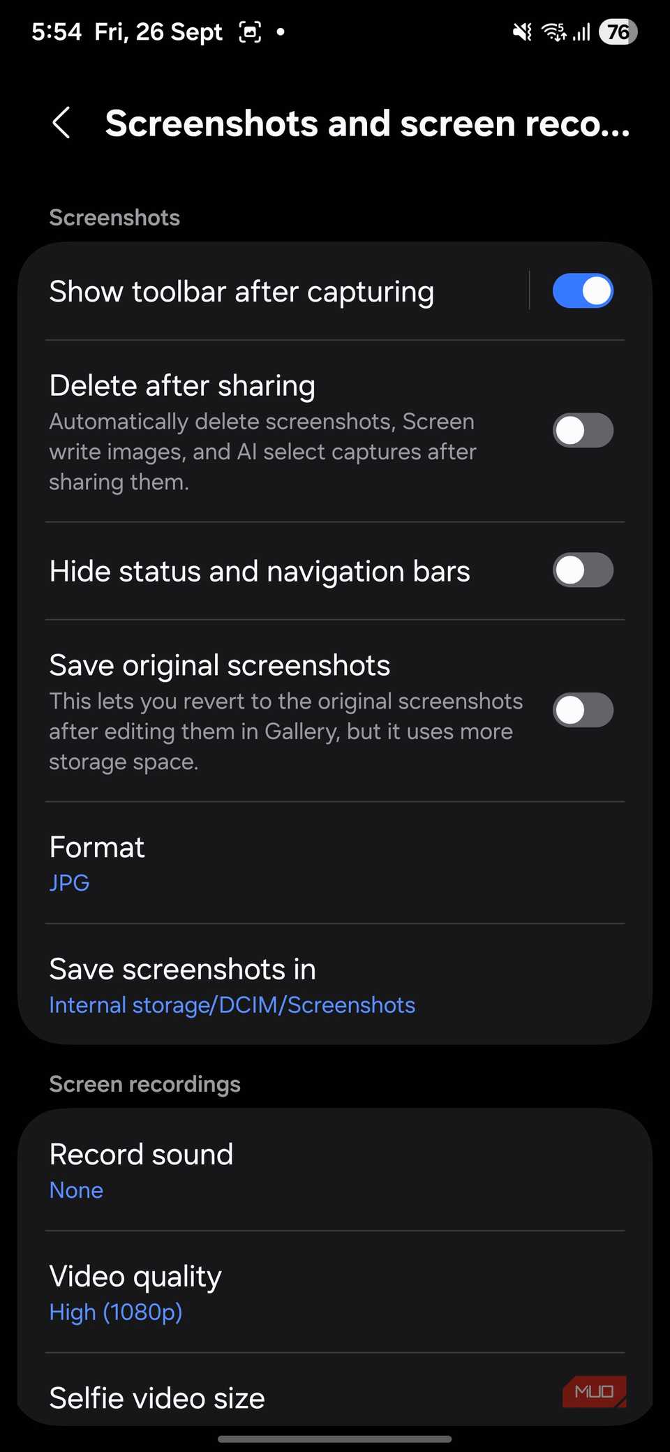 Screenshots settings with Hide status and navigation bars off