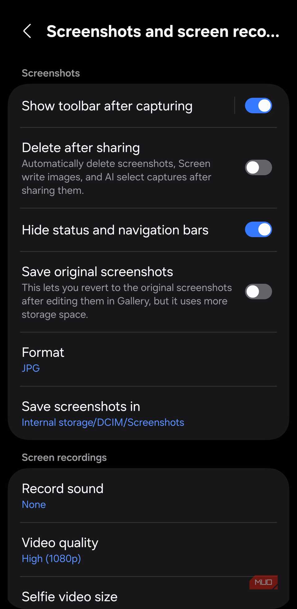 Screenshots settings with Hide status and navigation bars on