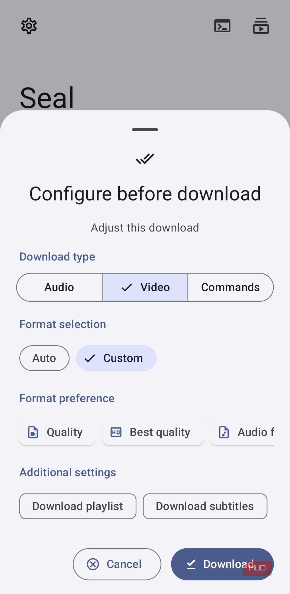 Seal app showing download options on Android phone