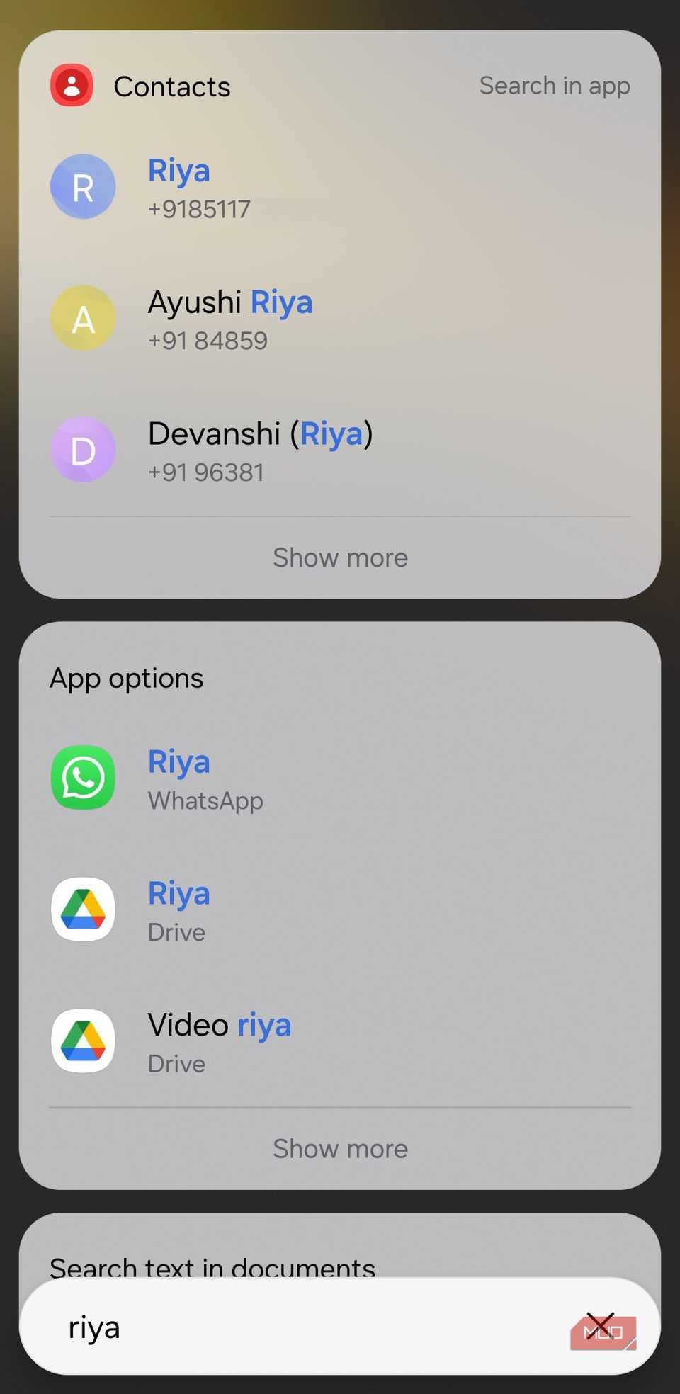 Search for contact in Samsung phone search bar