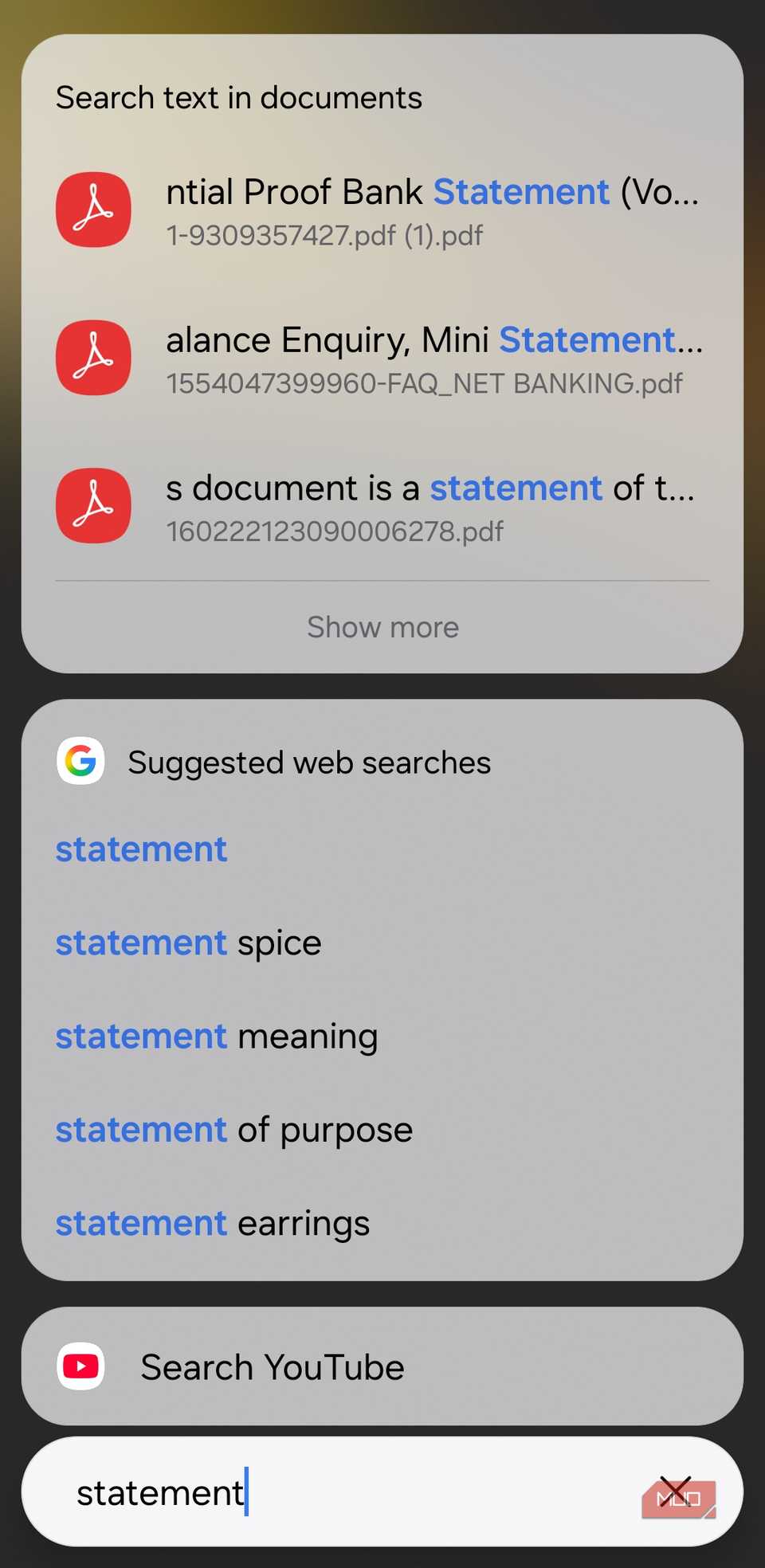 Search results for a document on Samsung phone