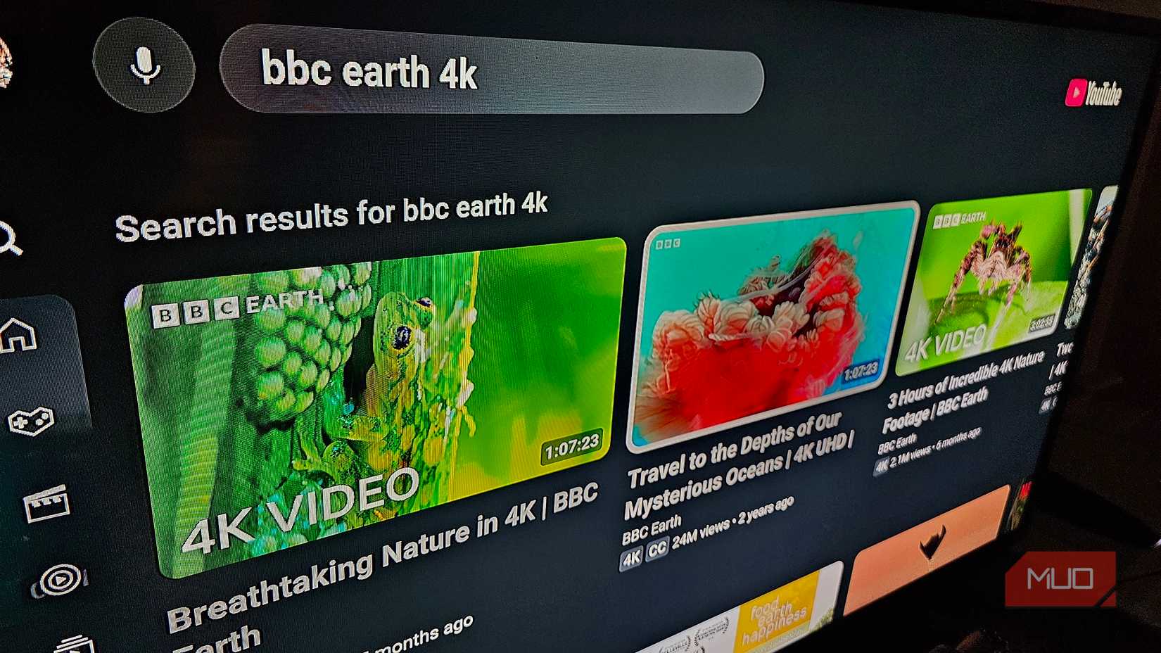 Search results for BBC Earth 4K in the YouTube app.