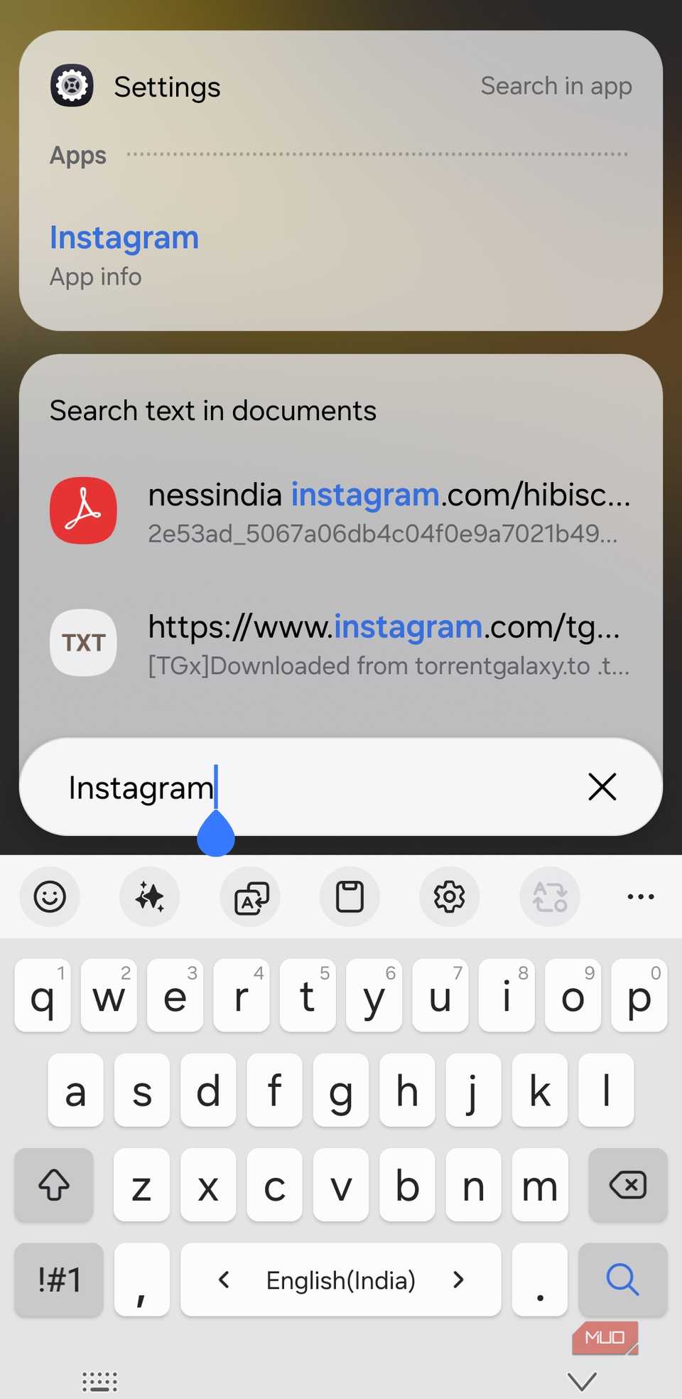 Search results for Instagram in app drawer