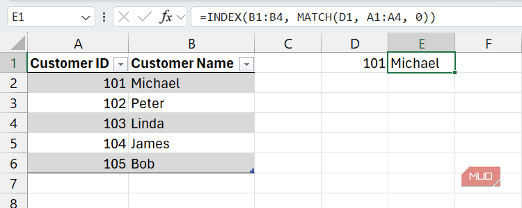 Searching for customer ID 101 with INDEX and MATCH in Excel