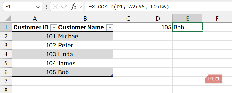 Buscando el ID de cliente 105 con BUSCAR XL en Excel