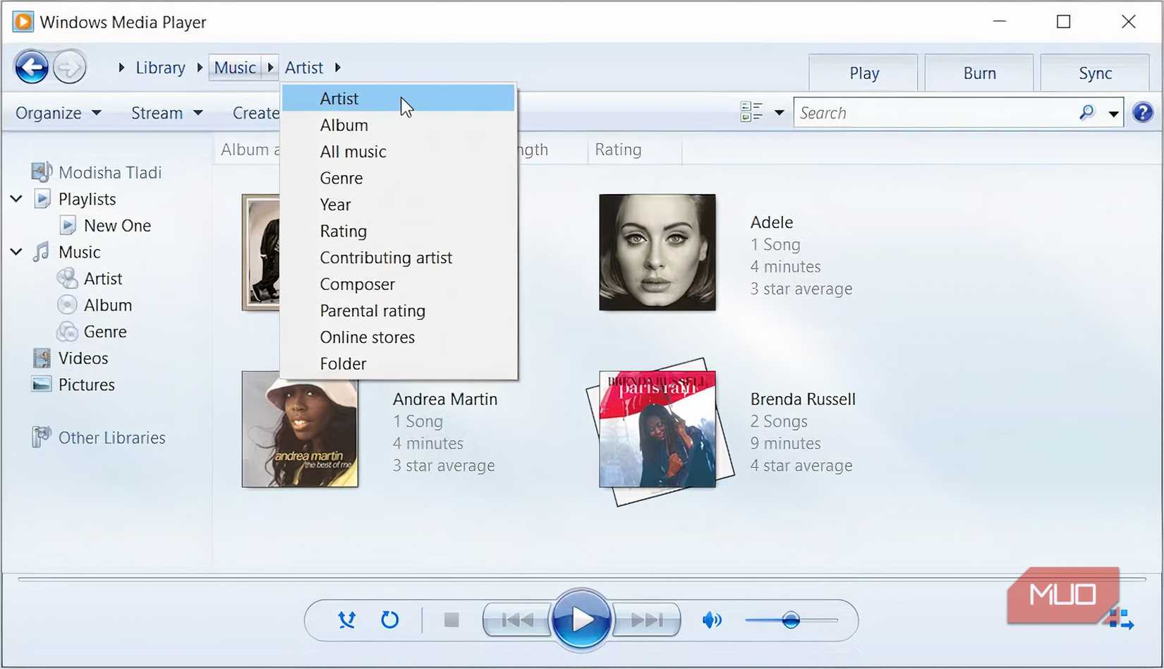 Searching for music in the Windows Media Player.