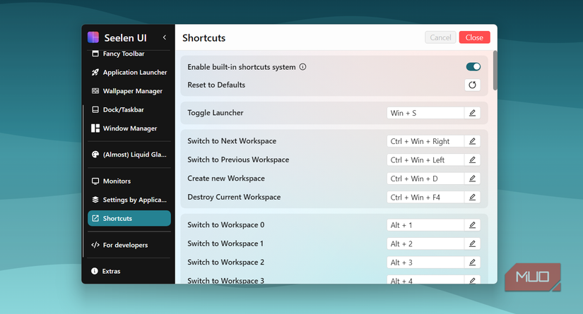 Seelen UI shortcuts menu on PC
