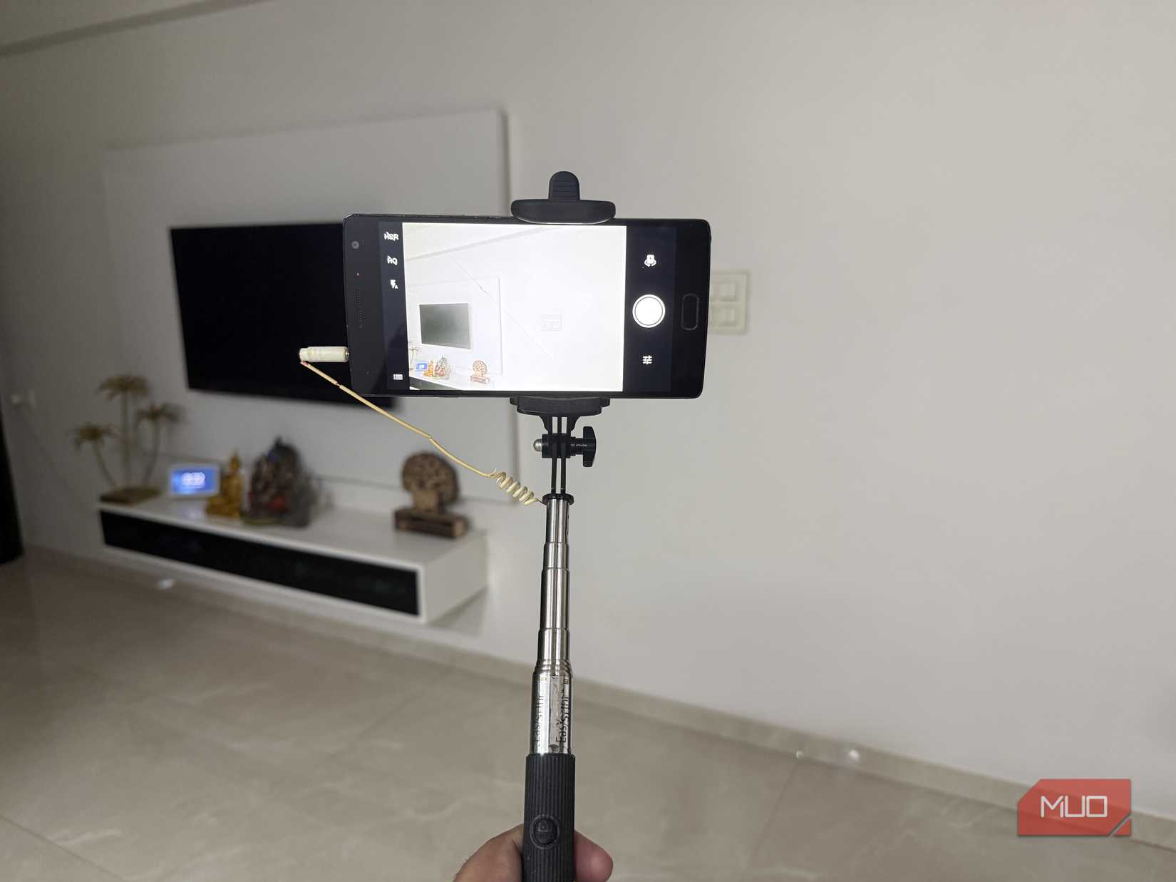 Selfie stick with Android phone attached