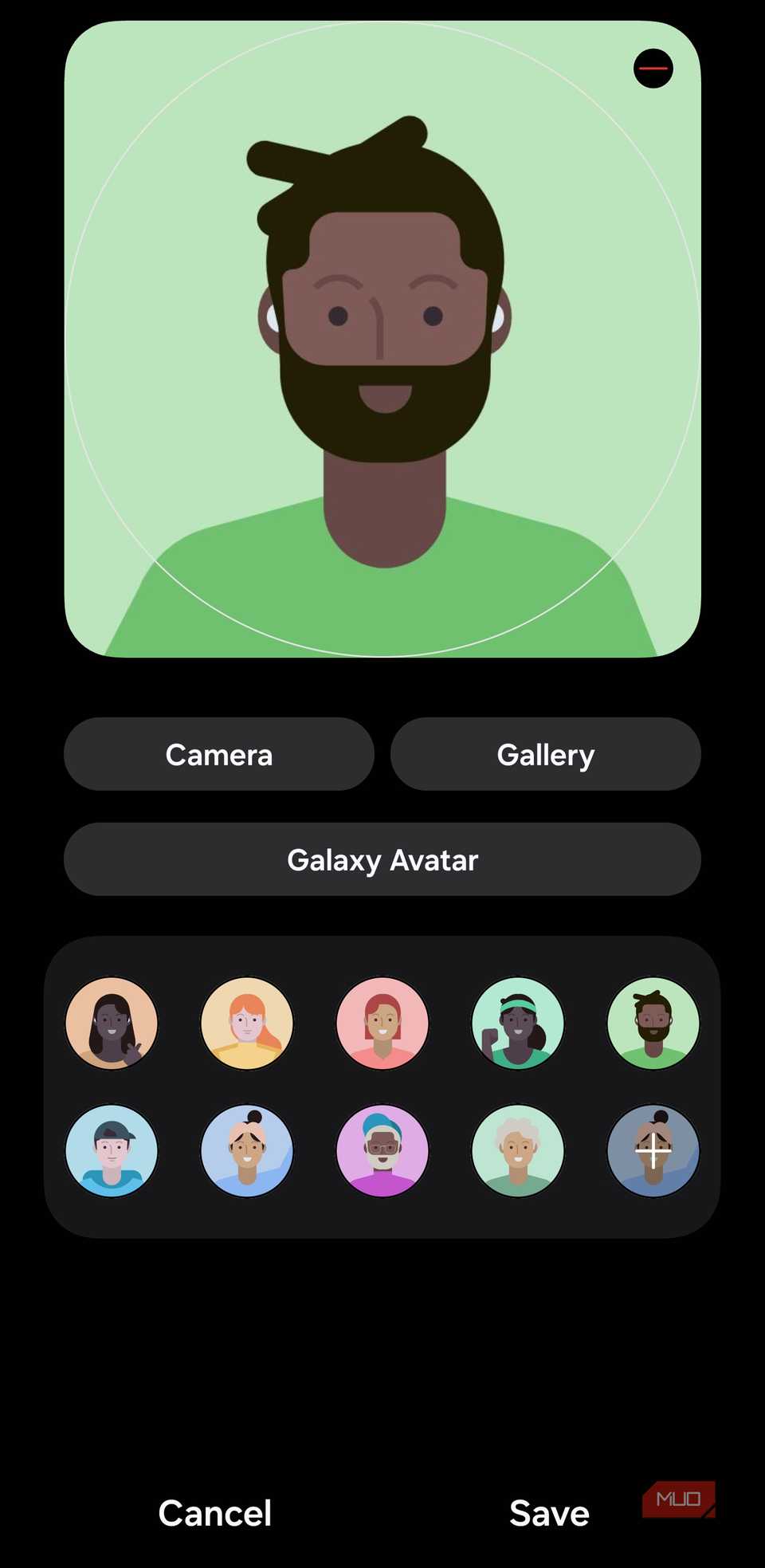 Set caller photo screen with Camera, Gallery, and Galaxy Avatar options