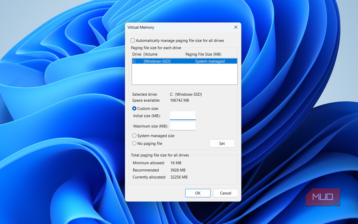 Setting custom Virtual Memory value in Windows 11