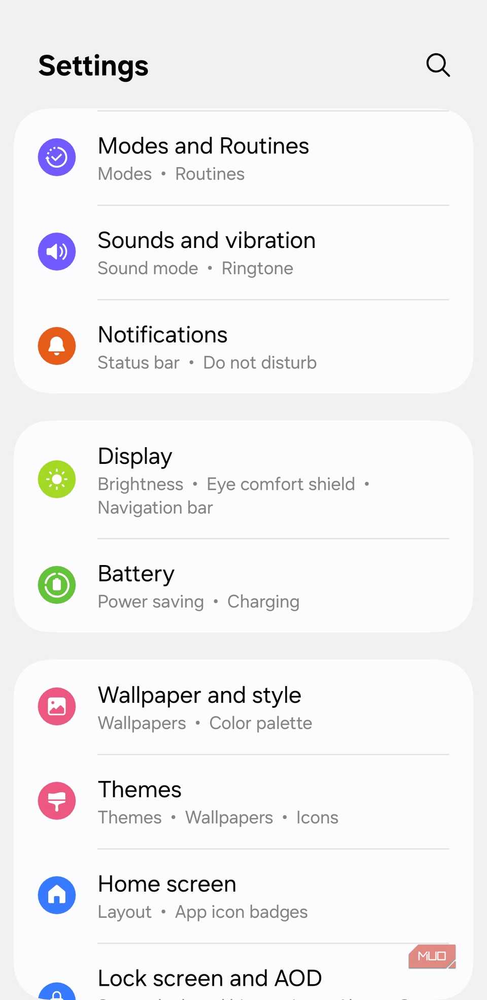 Settings app on Android phone