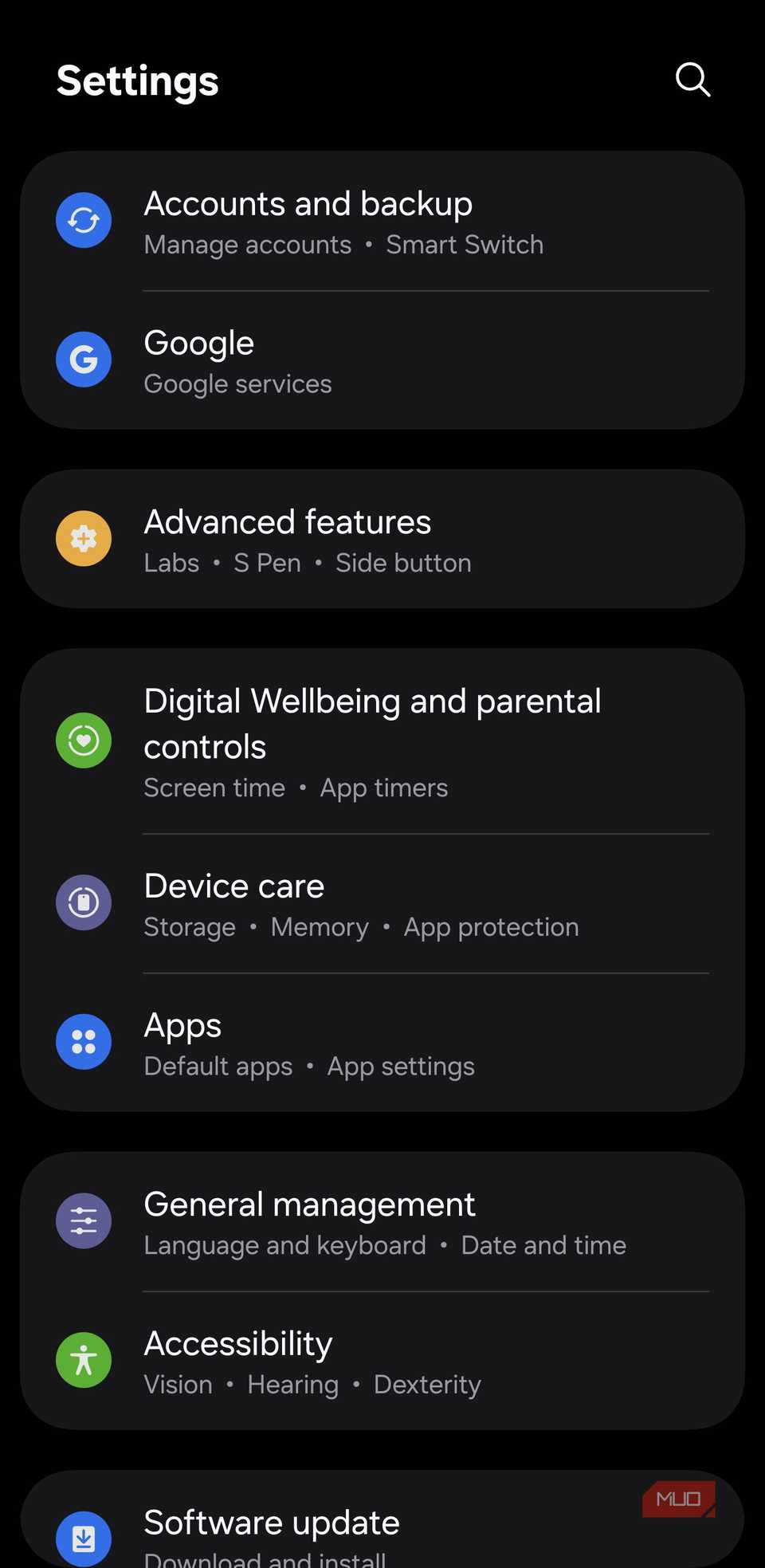 Settings menu with Device care option visible