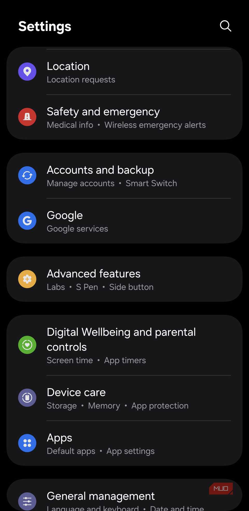 Settings screen showing Advanced features