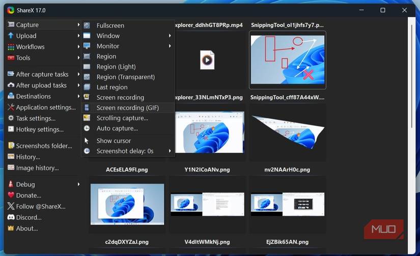 ShareX app showing capturing options on Windows