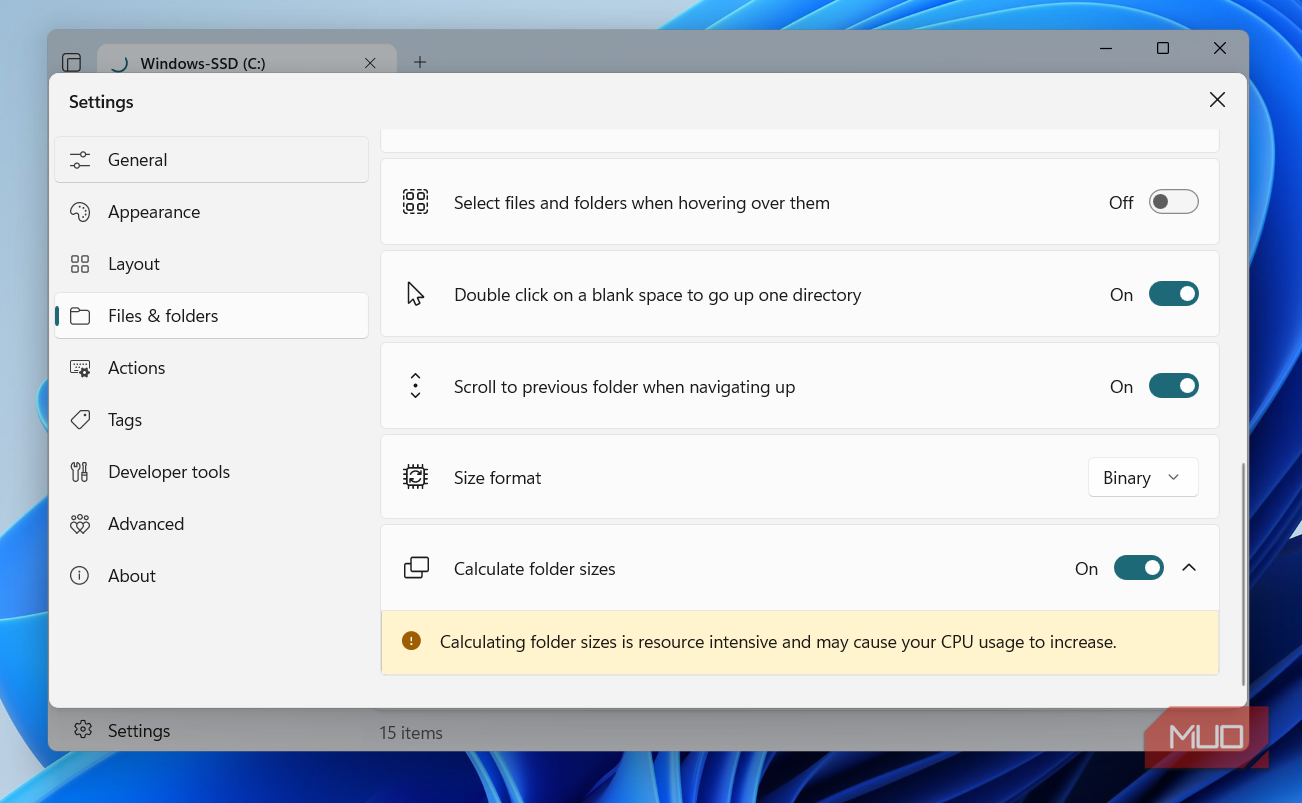 Show folder size option in Files app on PC