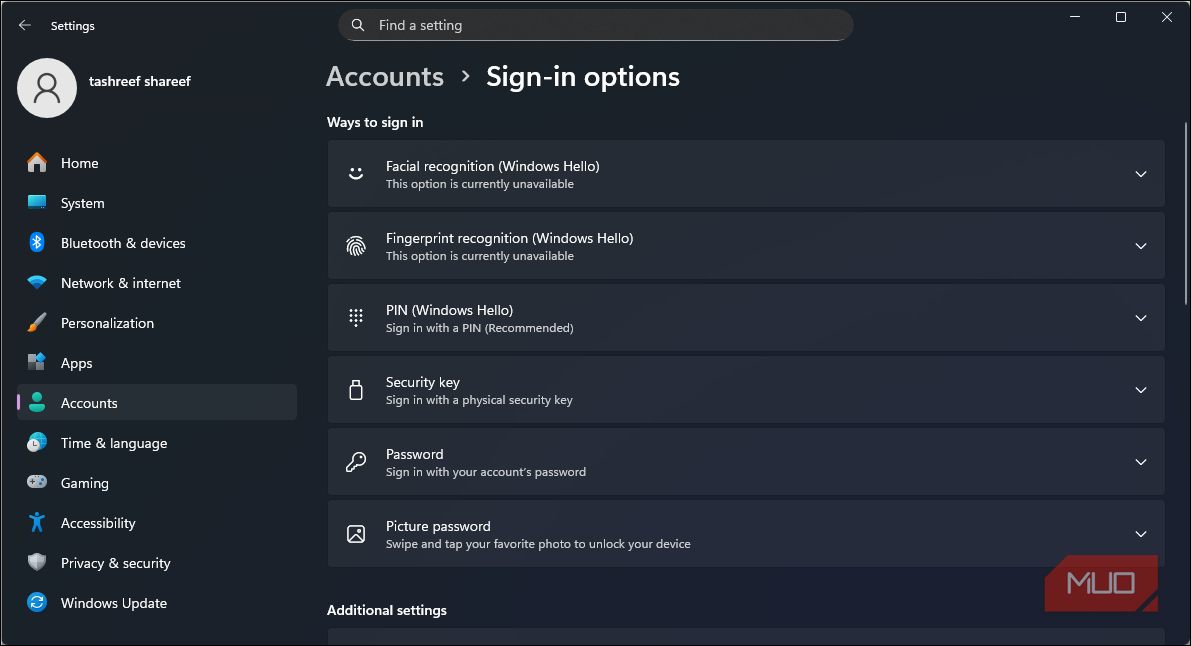 sign in option in the Windows 11 settings app