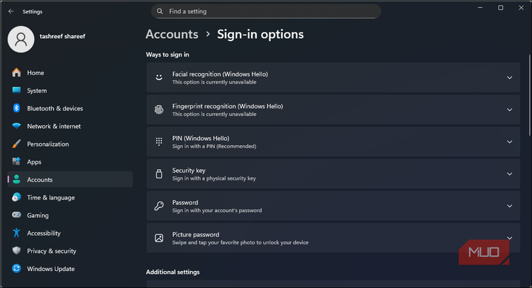 sign in option in the Windows 11 settings app