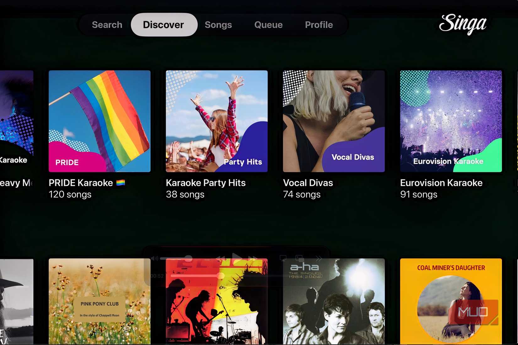 A screenshot of the Singa app on Apple TV.
