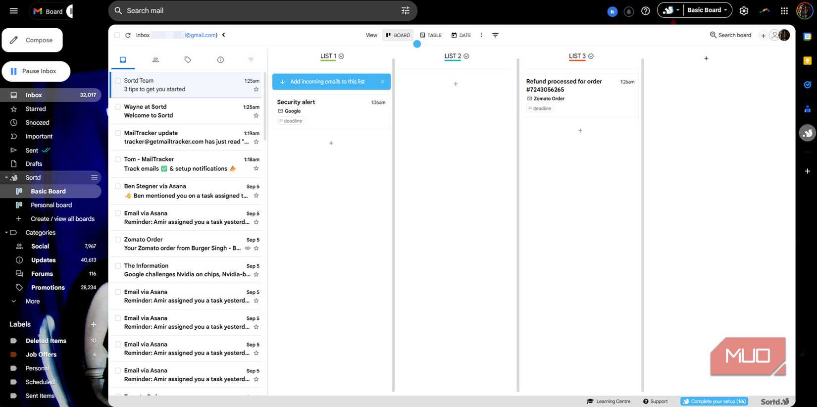 Sortd extension running on Gmail.