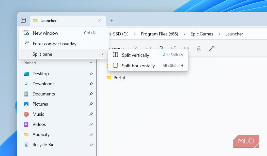 Split pane option in Files app