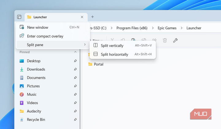 Split pane option in Files app