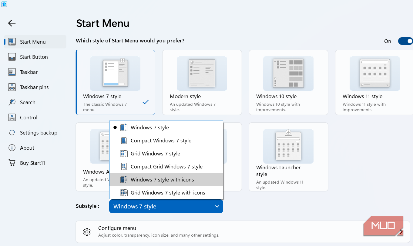 Start11 app customization options