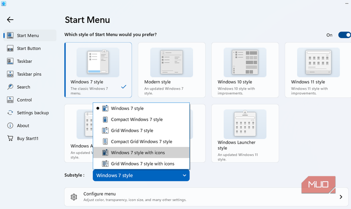 Start11 app customization options