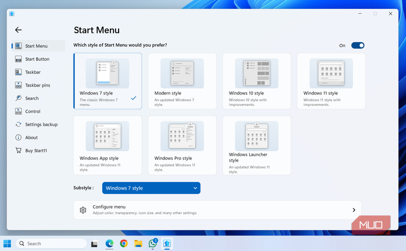 Start11 app on Windows PC