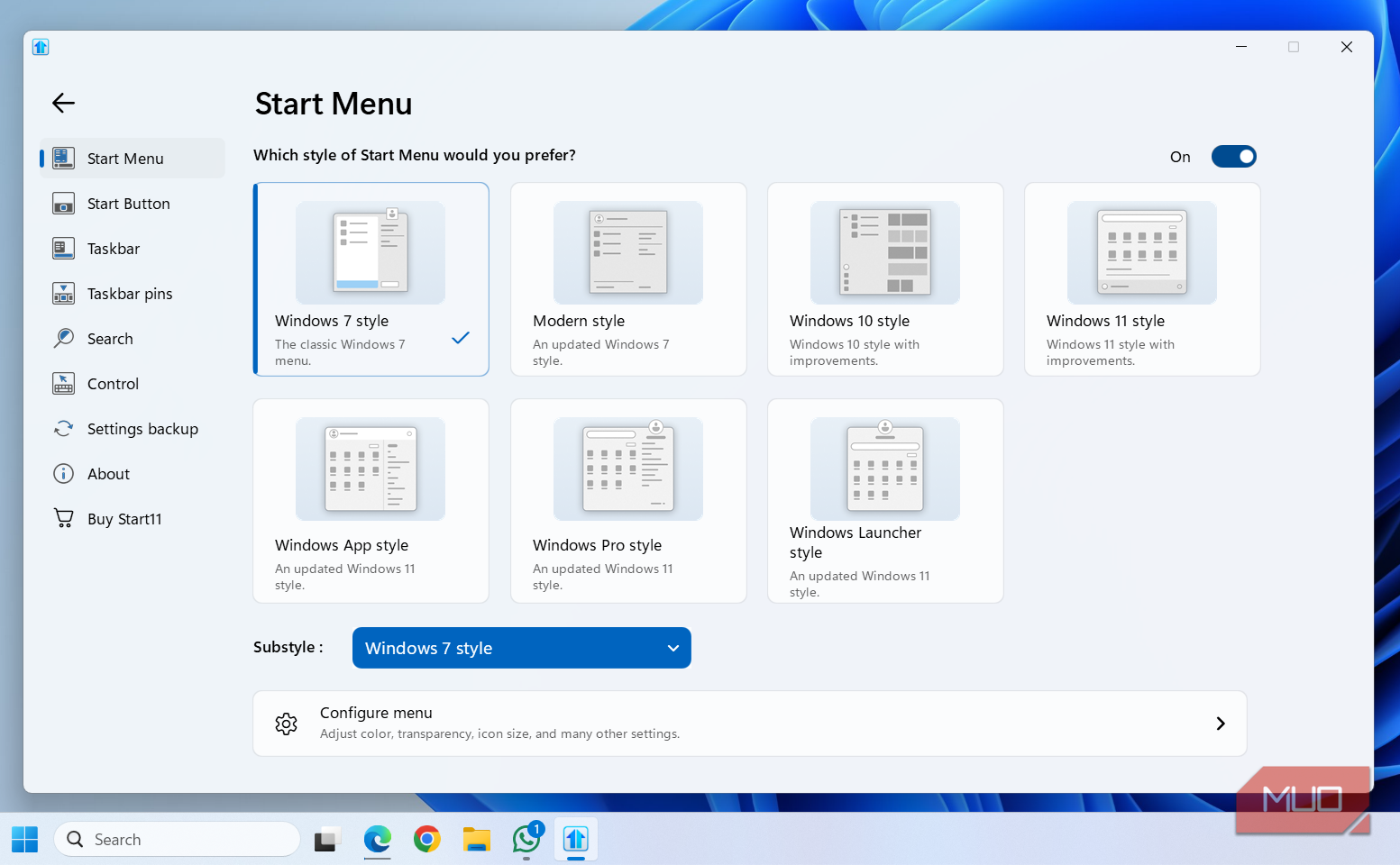 Start11 app on Windows PC