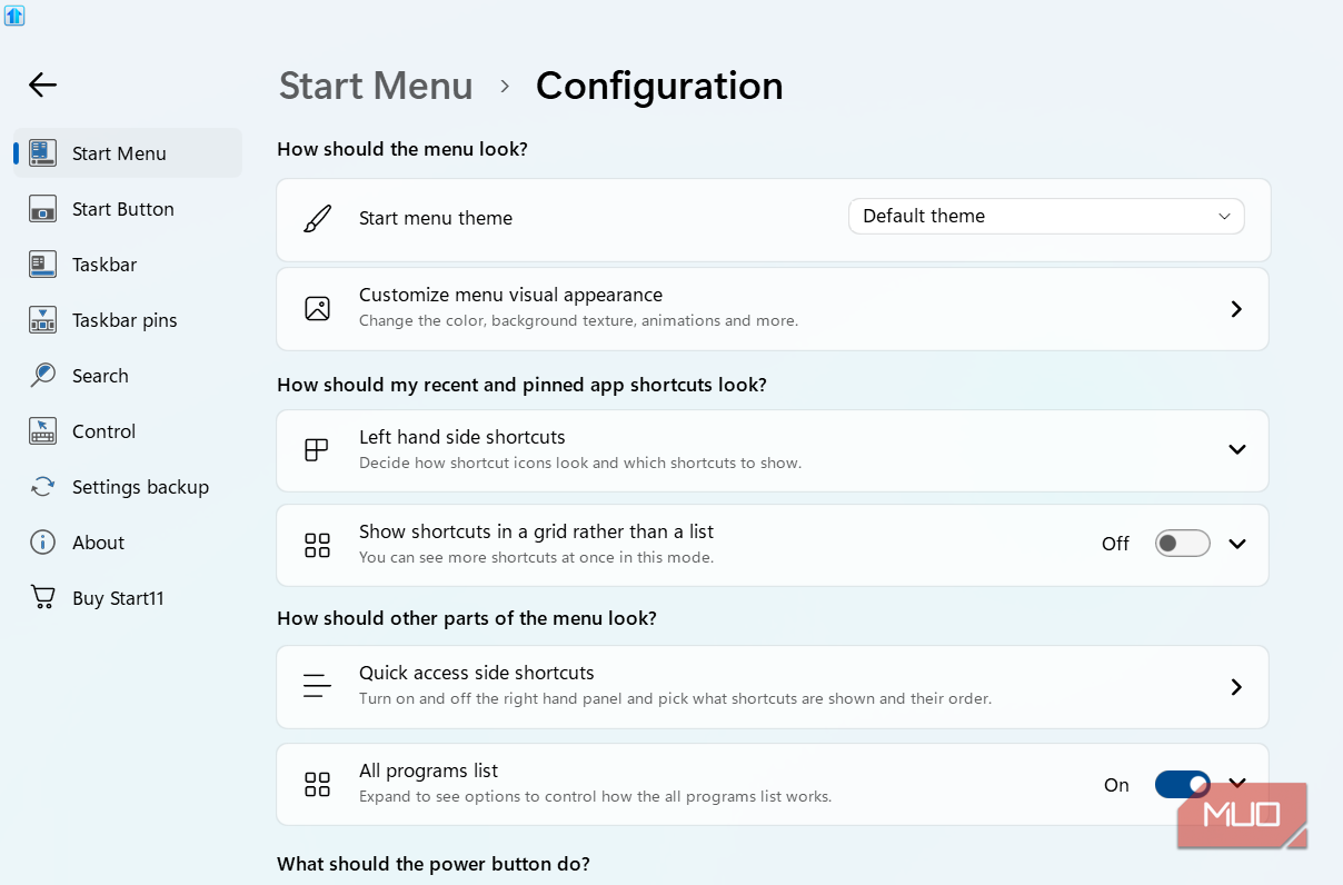 Start11 customization menu