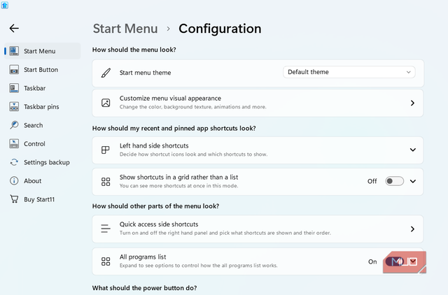 Start11 customization menu