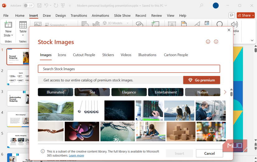 Stock images section in PowerPoint