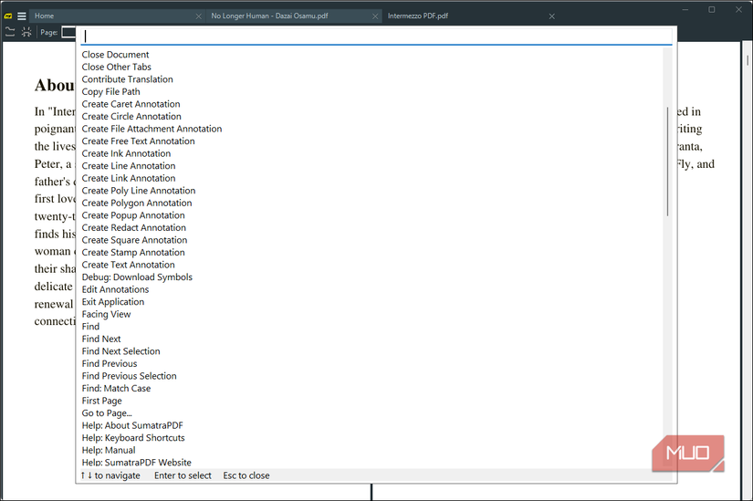 SumatraPDF Command Palette feature in action