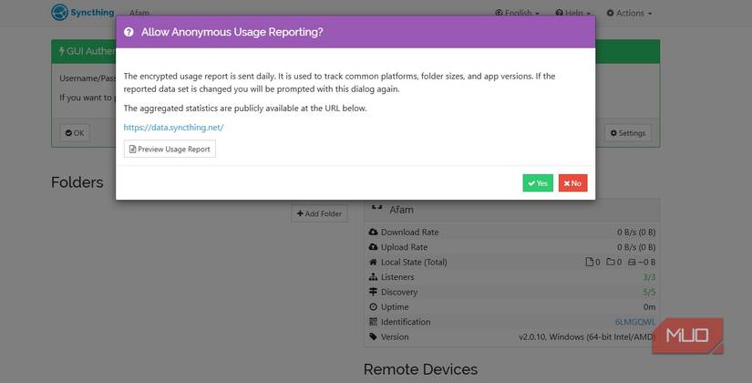 Syncthing first time setup process